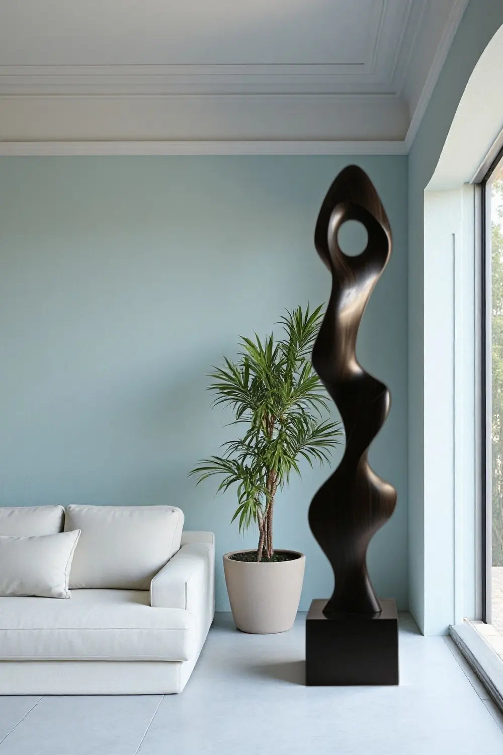 Tall Abstract Dark Wood Floor Sculpture Modern Vertical Standing Art for Living Room