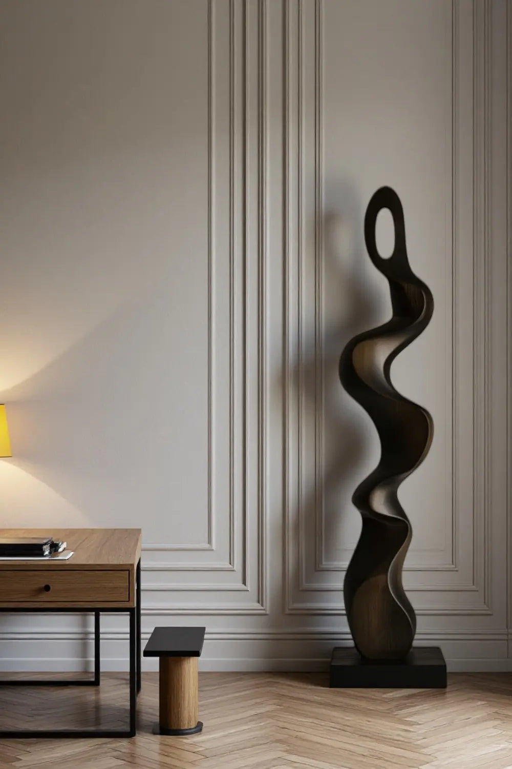 Tall Modern Wood Floor Sculpture Large Abstract Standing Decor for Living Room