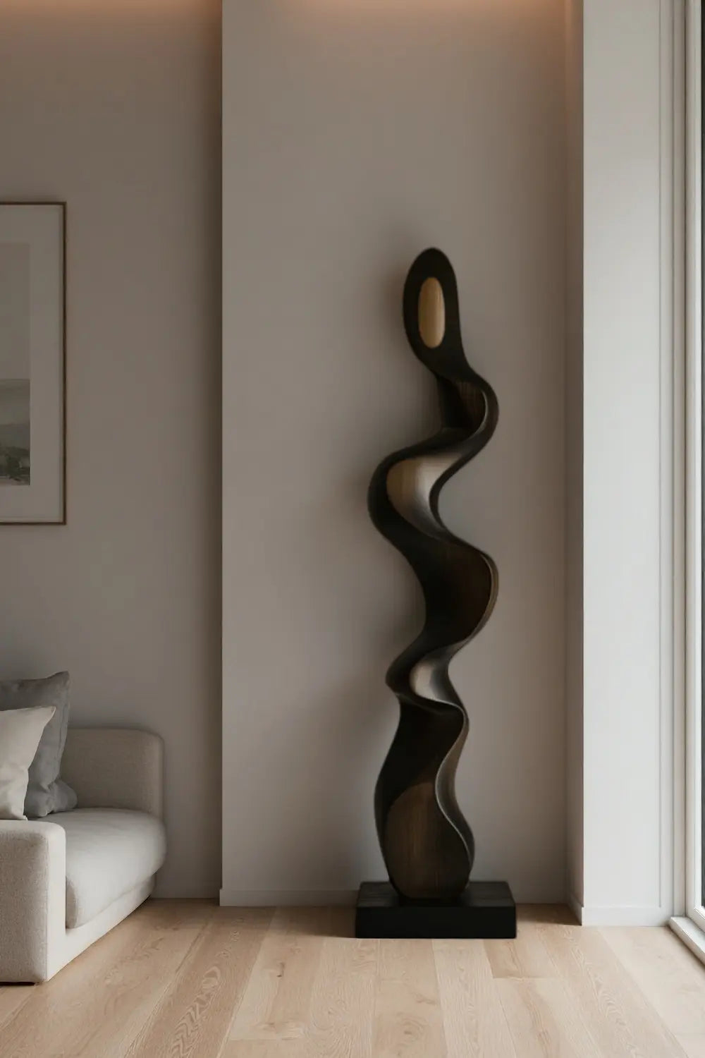 Tall Modern Wood Floor Sculpture Large Abstract Standing Decor for Living Room