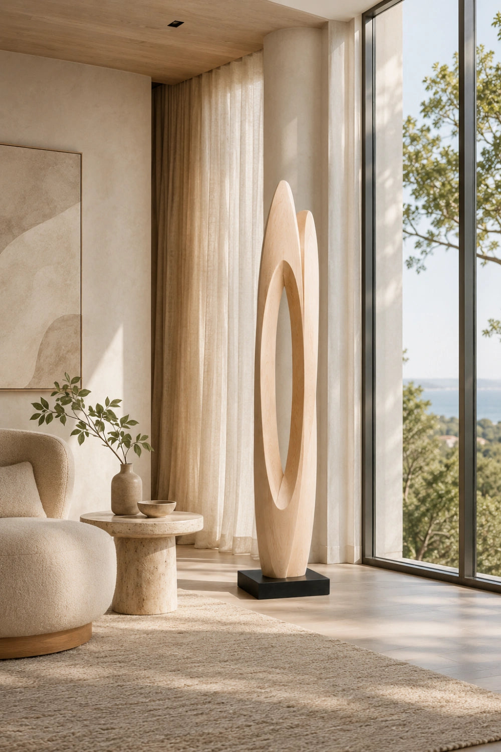 Modern Abstract Wood Floor Sculpture | Japandi Large Hand-Carved Art Piece