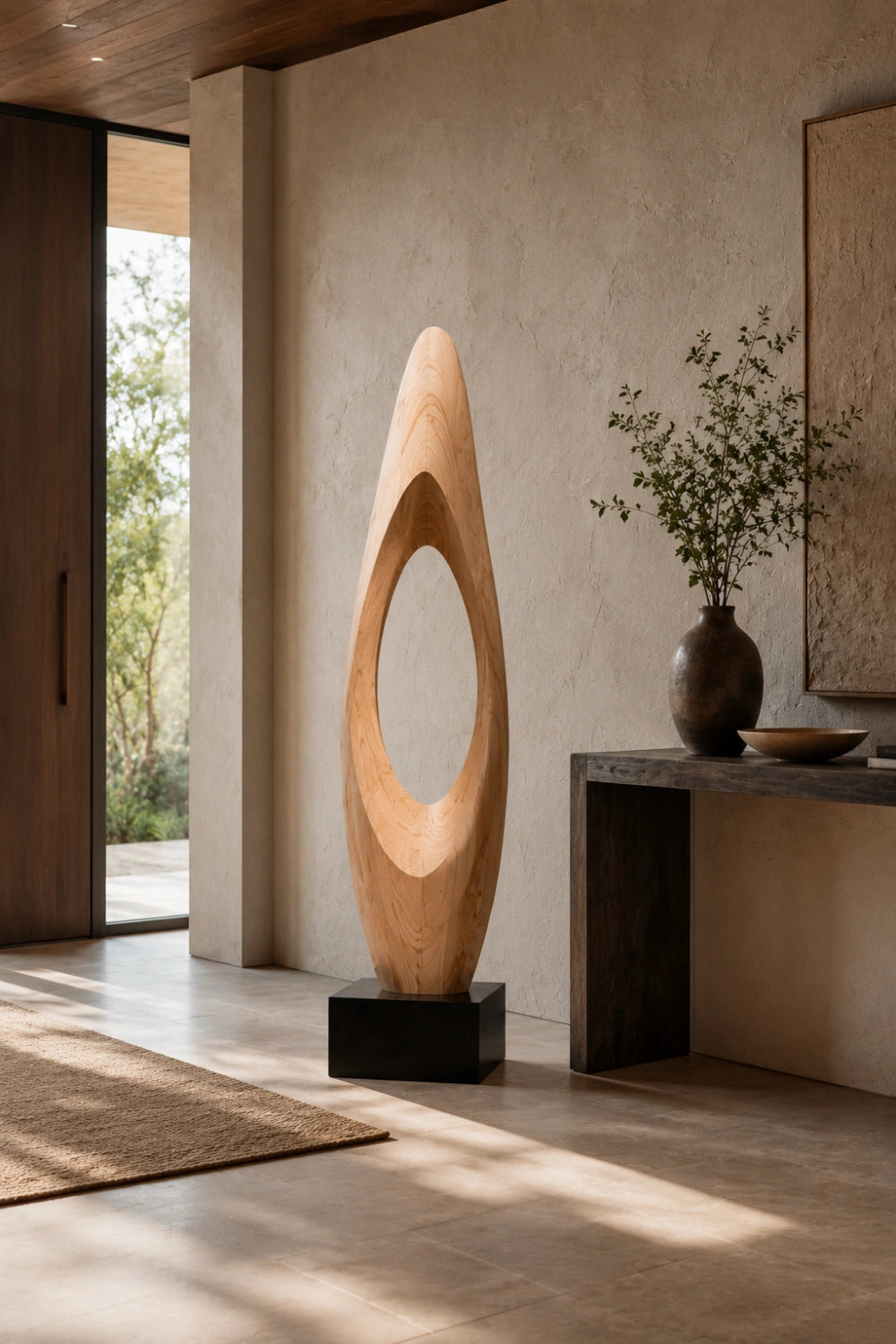 Modern Abstract Large Wood Floor Sculpture | Tall Hollow Art for Luxury Space Decor
