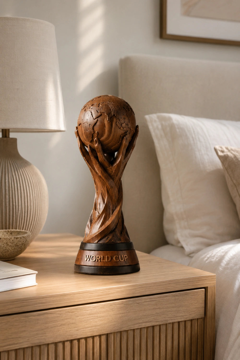 Artisanal Wood World Cup Trophy | Abstract Globe Sculpture Soccer Fan Gift