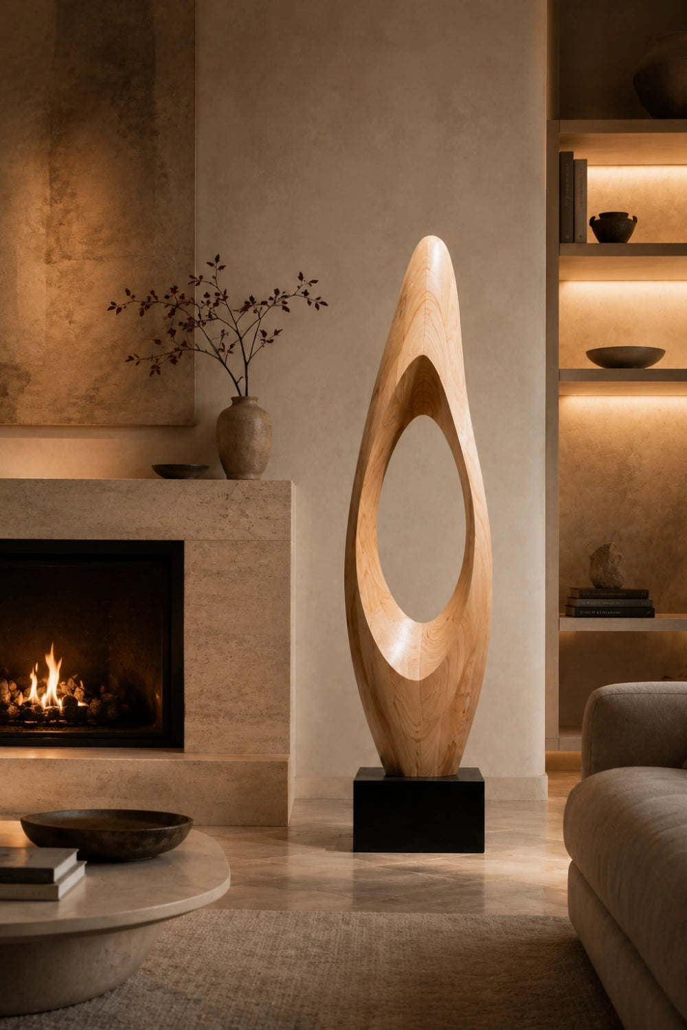 Modern Abstract Large Wood Floor Sculpture | Tall Hollow Art for Luxury Space Decor