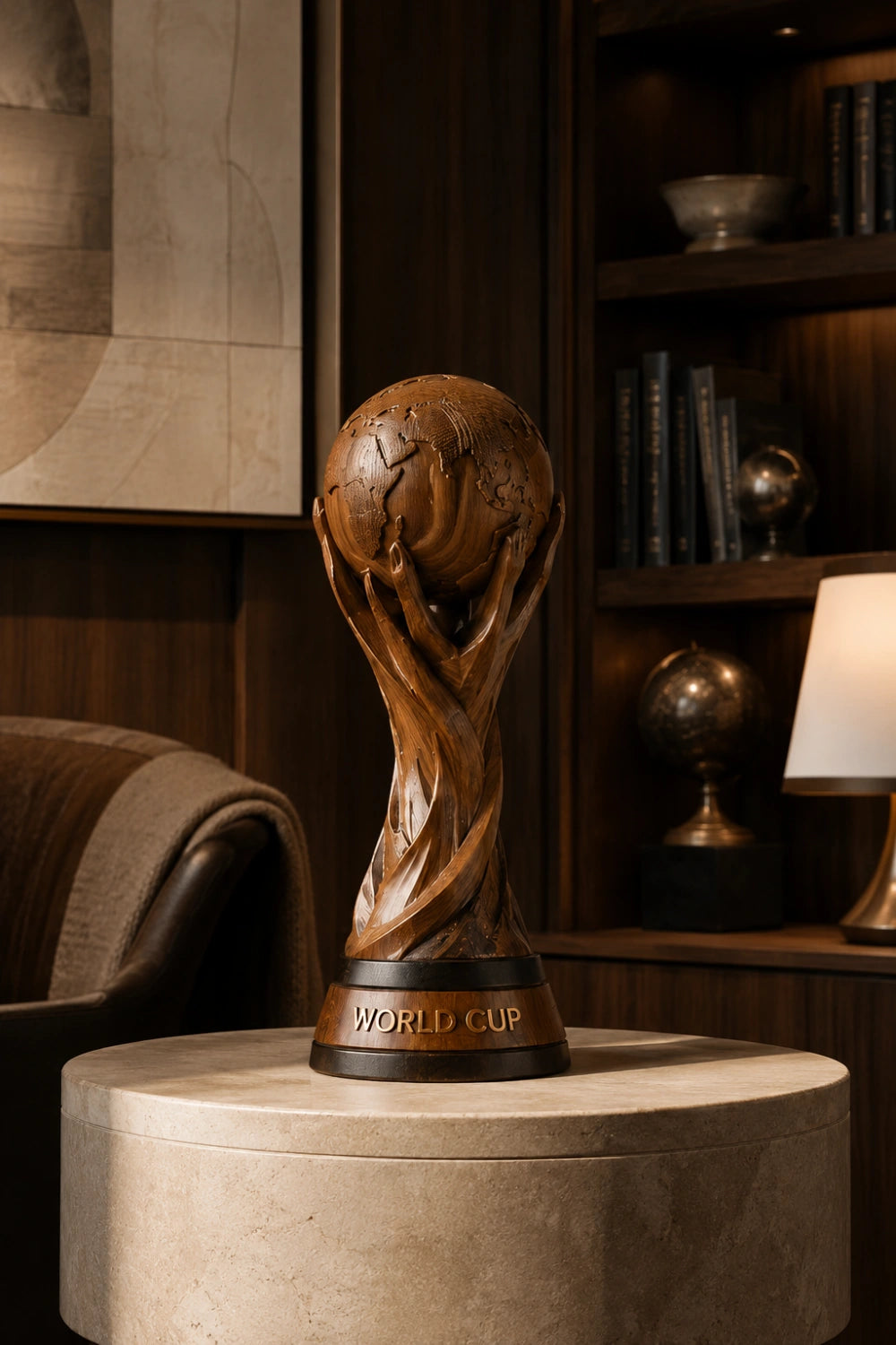 Artisanal Wood World Cup Trophy | Abstract Globe Sculpture Soccer Fan Gift
