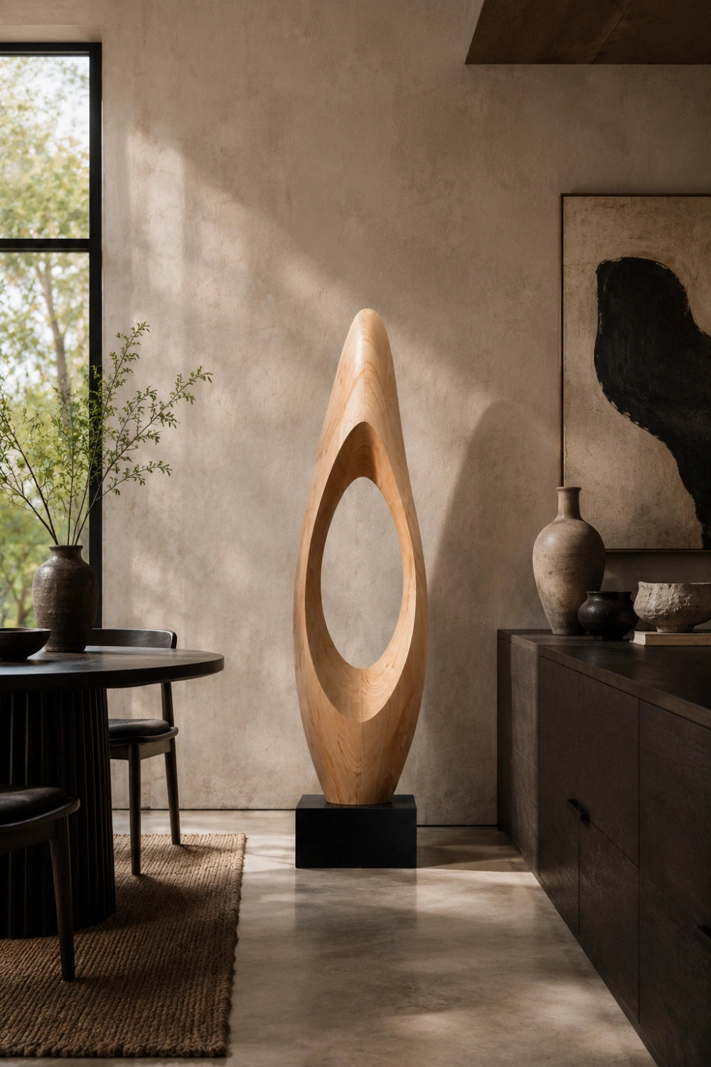 Modern Abstract Large Wood Floor Sculpture | Tall Hollow Art for Luxury Space Decor