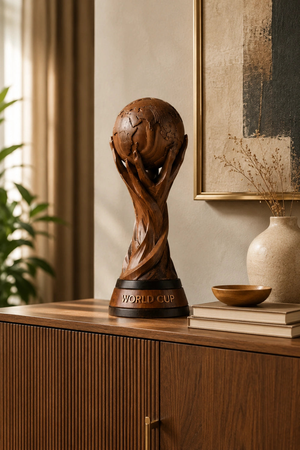 Artisanal Wood World Cup Trophy | Abstract Globe Sculpture Soccer Fan Gift
