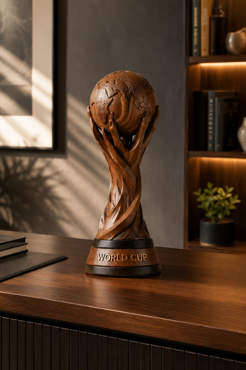 Artisanal Wood World Cup Trophy | Abstract Globe Sculpture Soccer Fan Gift