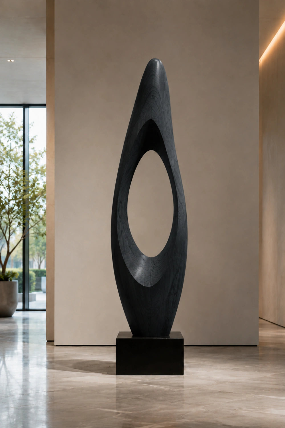 Modern Abstract Large Wood Floor Sculpture | Tall Hollow Art for Luxury Space Decor
