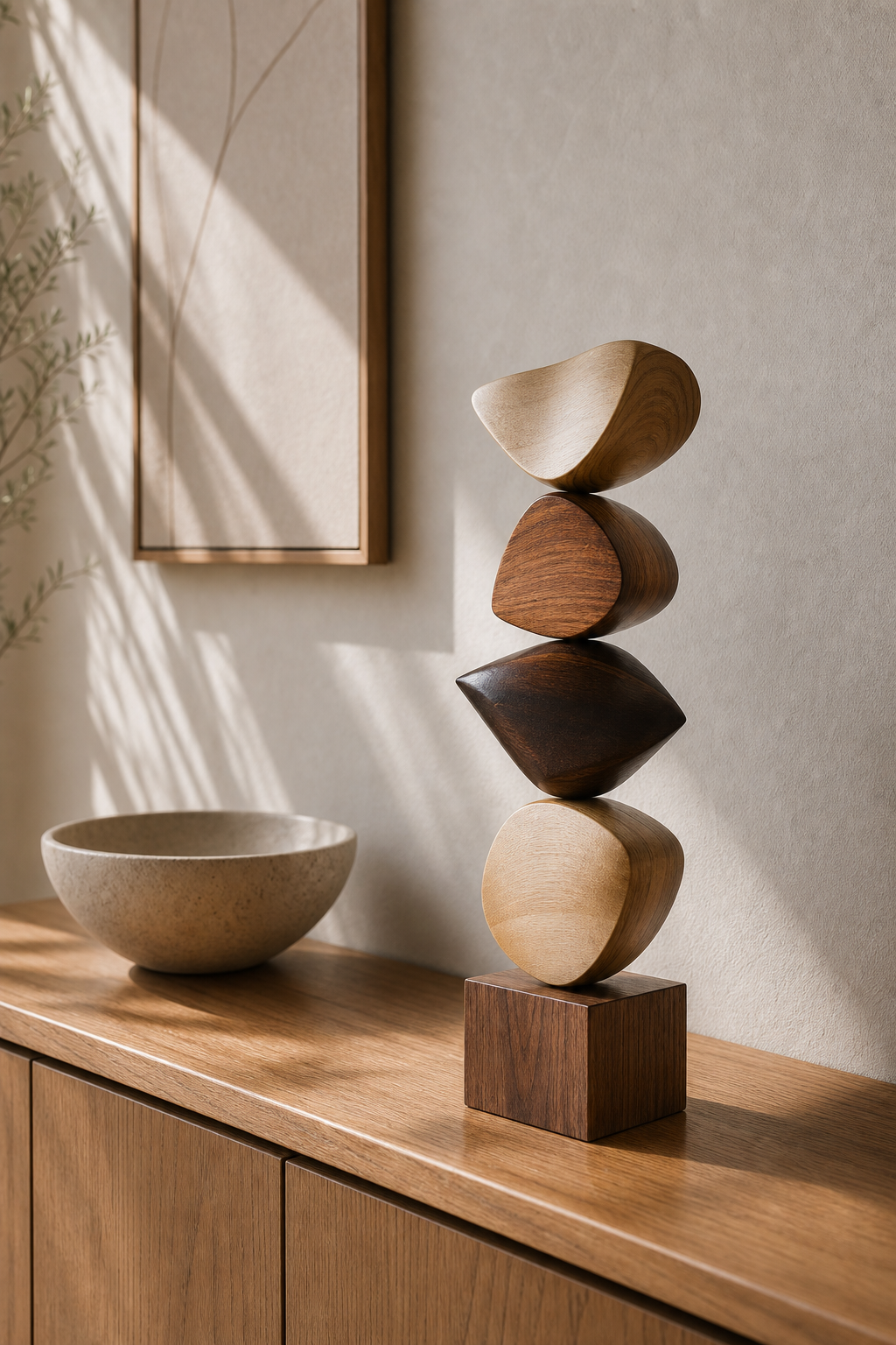 Handmade Stacked Wood Statue Natural Walnut And Oak Finish Contemporary Abstract Sculpture For Home