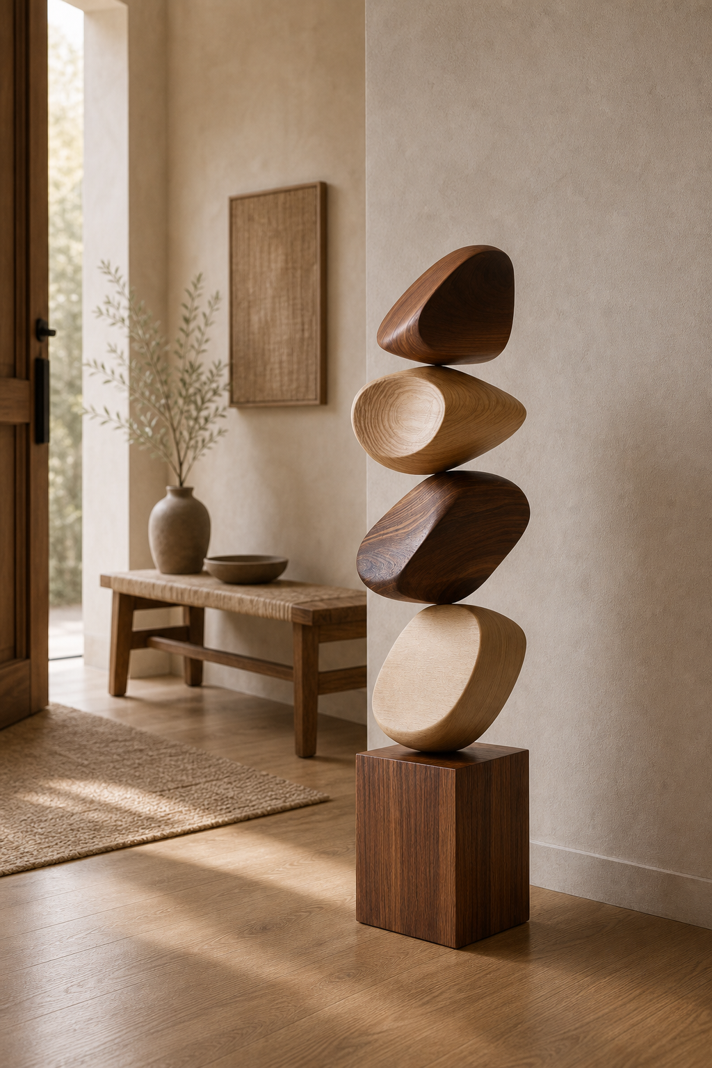 Handmade Stacked Wood Statue Natural Walnut And Oak Finish Contemporary Abstract Sculpture For Home