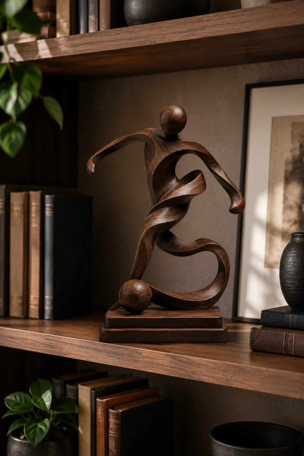 Abstract Wooden Soccer Statue | Handcrafted World Cup Sports Art Decor