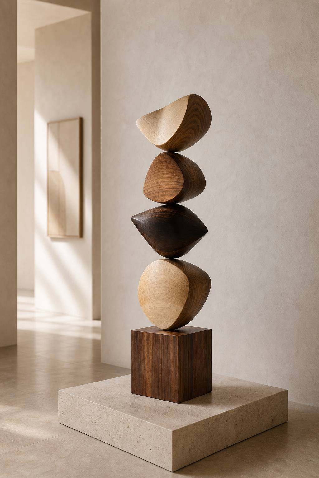 Handmade Stacked Wood Statue Natural Walnut And Oak Finish Contemporary Abstract Sculpture For Home
