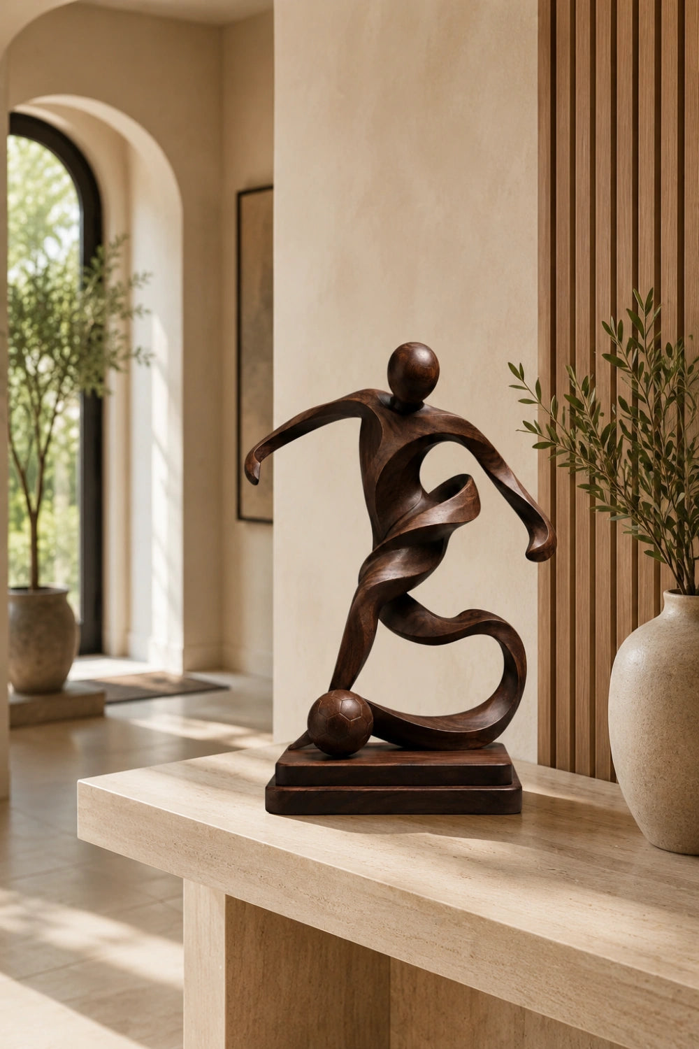 Abstract Wooden Soccer Statue | Handcrafted World Cup Sports Art Decor
