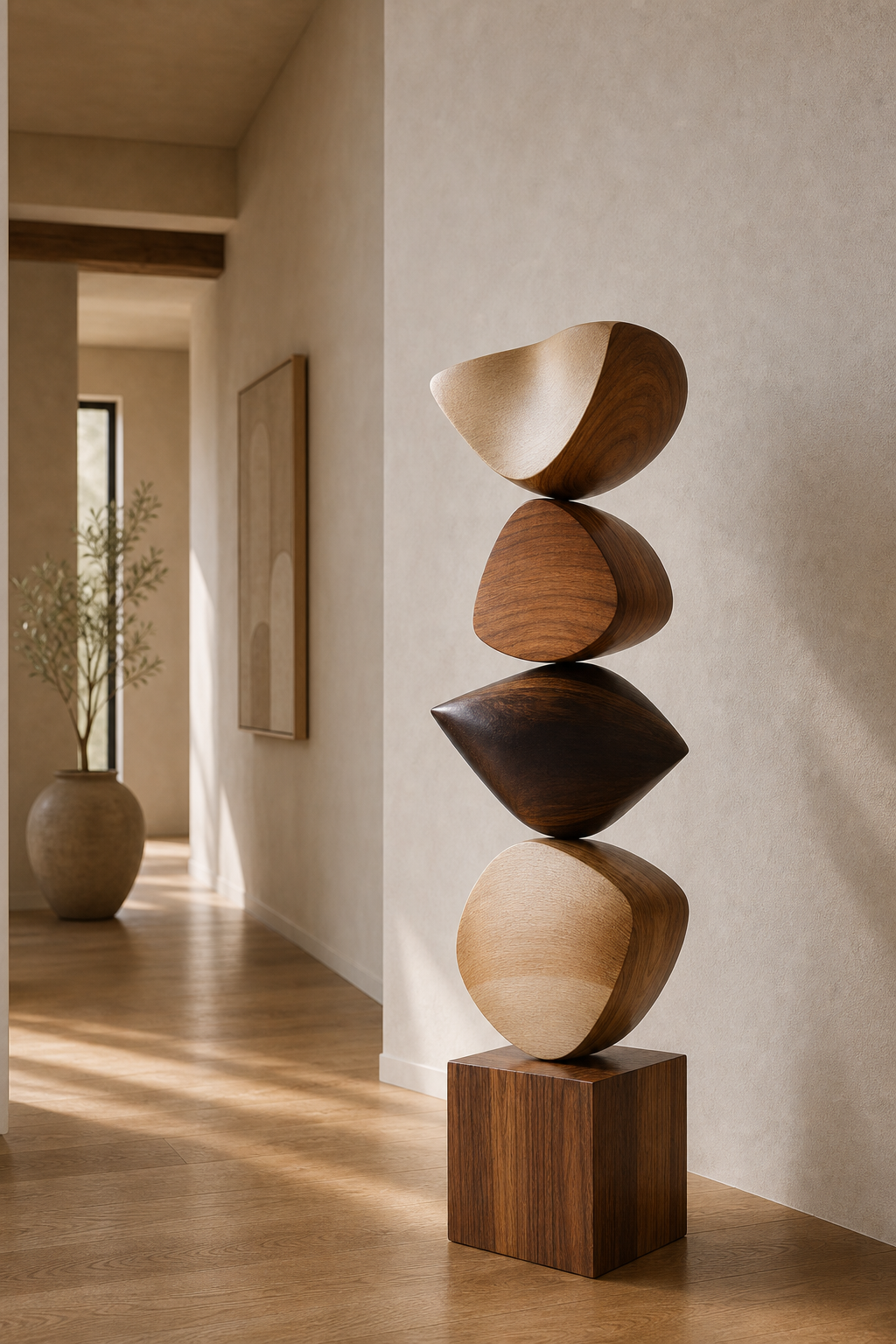 Handmade Stacked Wood Statue Natural Walnut And Oak Finish Contemporary Abstract Sculpture For Home