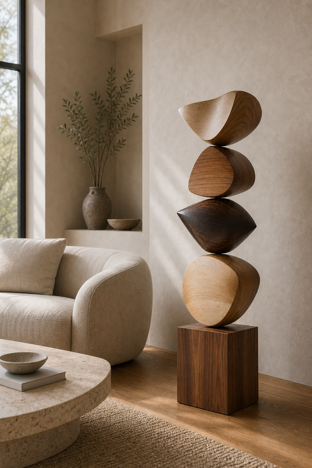 Handmade Stacked Wood Statue Natural Walnut And Oak Finish Contemporary Abstract Sculpture For Home