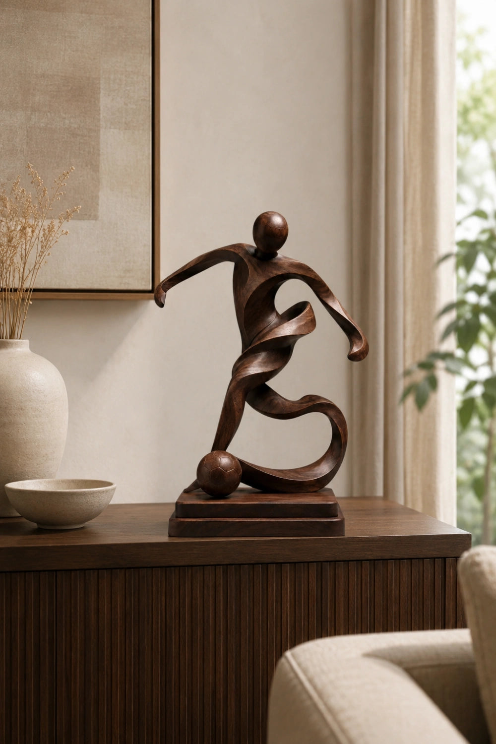 Abstract Wooden Soccer Statue | Handcrafted World Cup Sports Art Decor