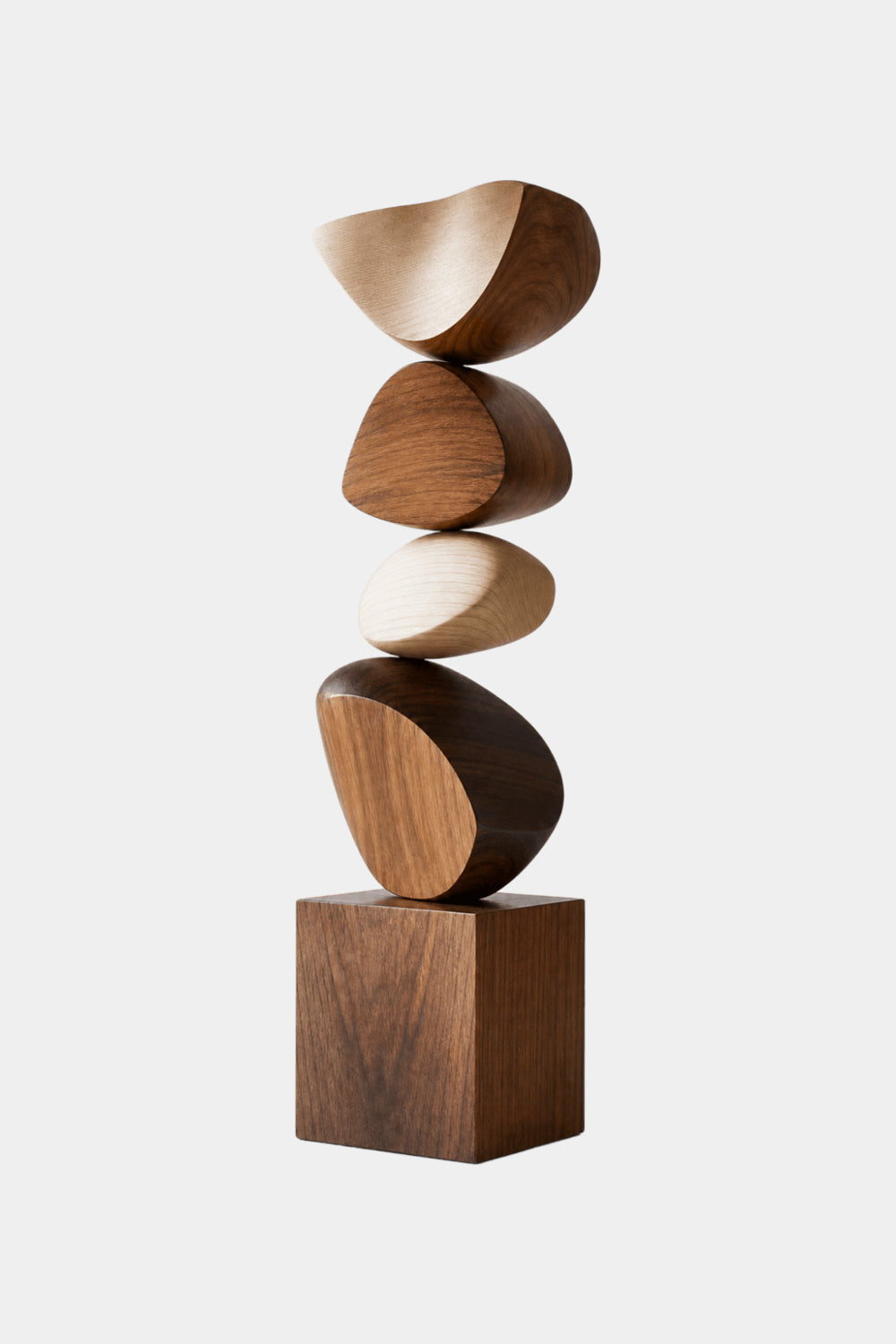 Handmade Stacked Wood Statue Natural Walnut And Oak Finish Contemporary Abstract Sculpture For Home