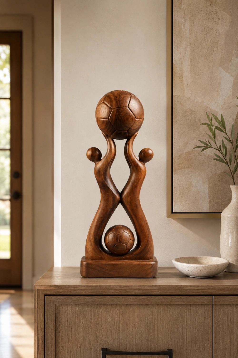 Decorative Wooden Soccer Trophy Sculpture | World Cup Football Victory Art