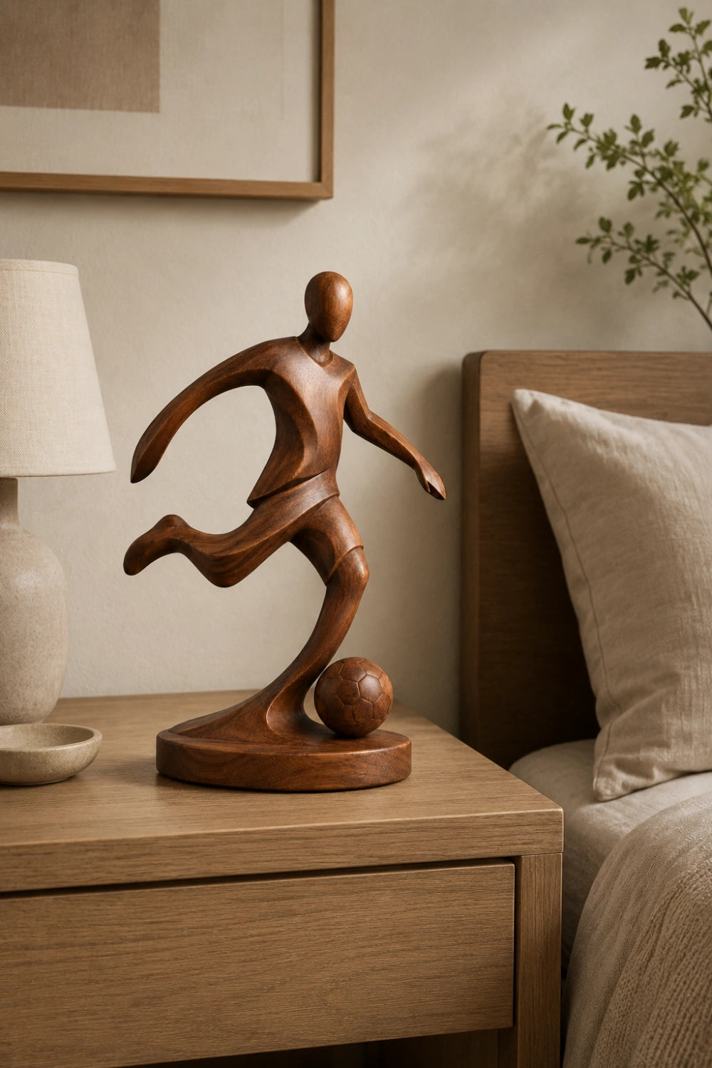 Sleek Wood Soccer Striker Figurine | Minimalist World Cup Tabletop Art