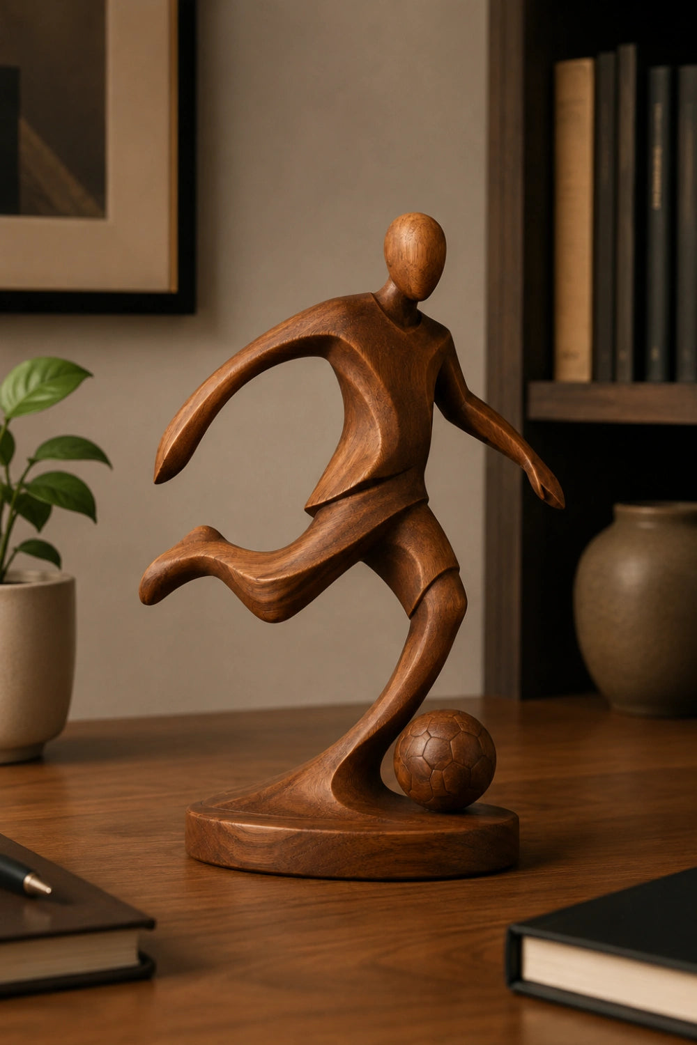 Sleek Wood Soccer Striker Figurine | Minimalist World Cup Tabletop Art