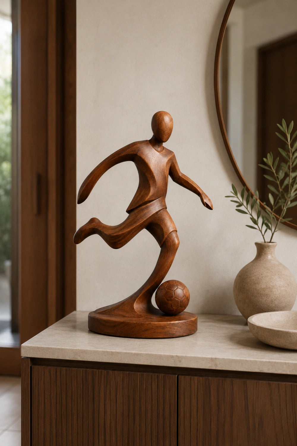 Sleek Wood Soccer Striker Figurine | Minimalist World Cup Tabletop Art