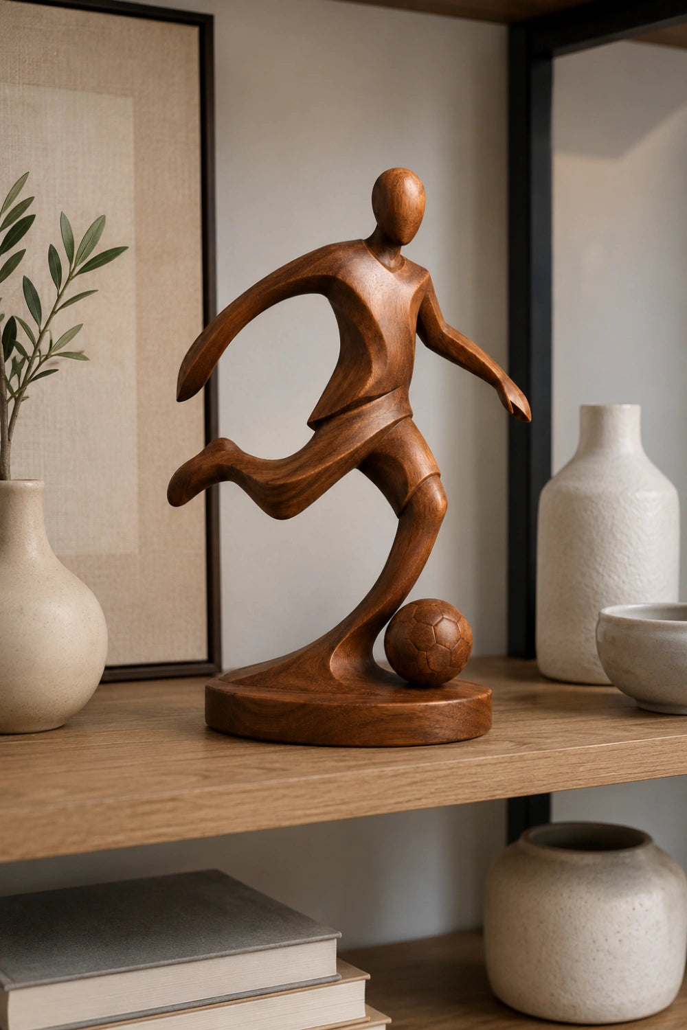 Sleek Wood Soccer Striker Figurine | Minimalist World Cup Tabletop Art