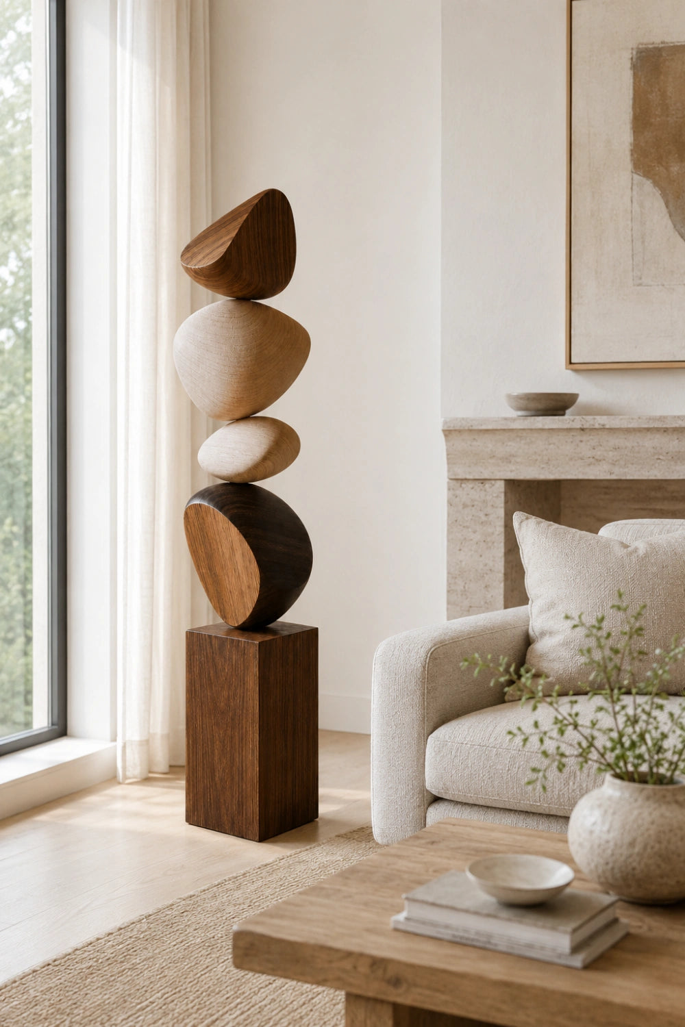 Large Handmade Wooden Floor Sculpture Abstract Minimalist Home Decor Art Piece