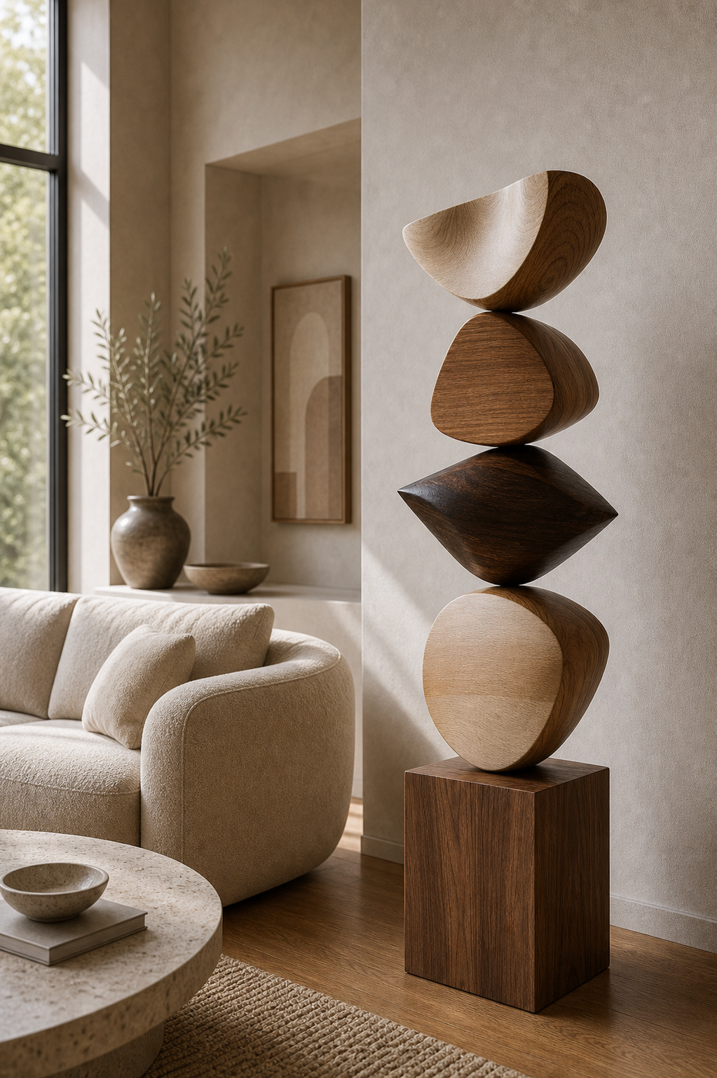 Large Hand-Carved Walnut Wood Abstract Sculpture For Modern Living Room Decor
