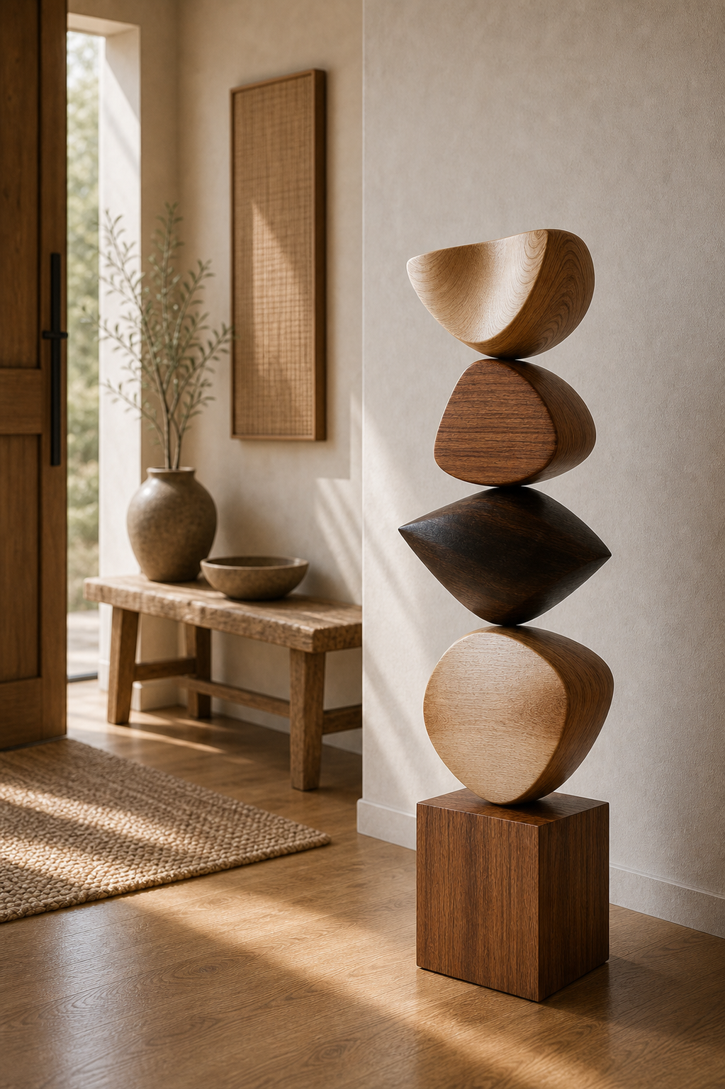 Large Hand-Carved Walnut Wood Abstract Sculpture For Modern Living Room Decor