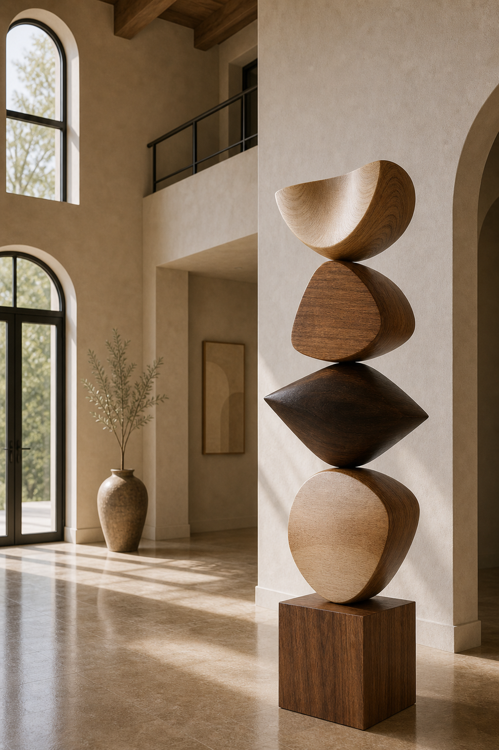 Large Hand-Carved Walnut Wood Abstract Sculpture For Modern Living Room Decor