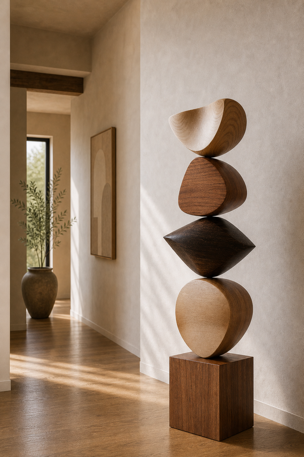 Large Hand-Carved Walnut Wood Abstract Sculpture For Modern Living Room Decor