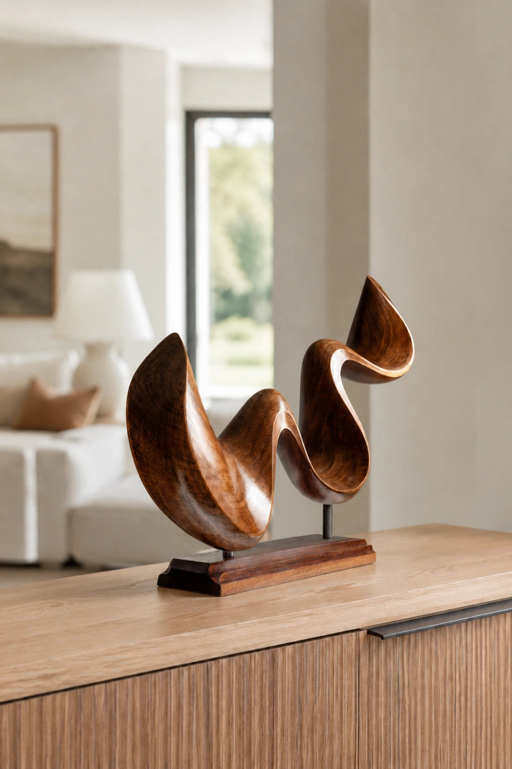 Fluid Ribbon Wood Sculpture | Modernist Tabletop Art Object