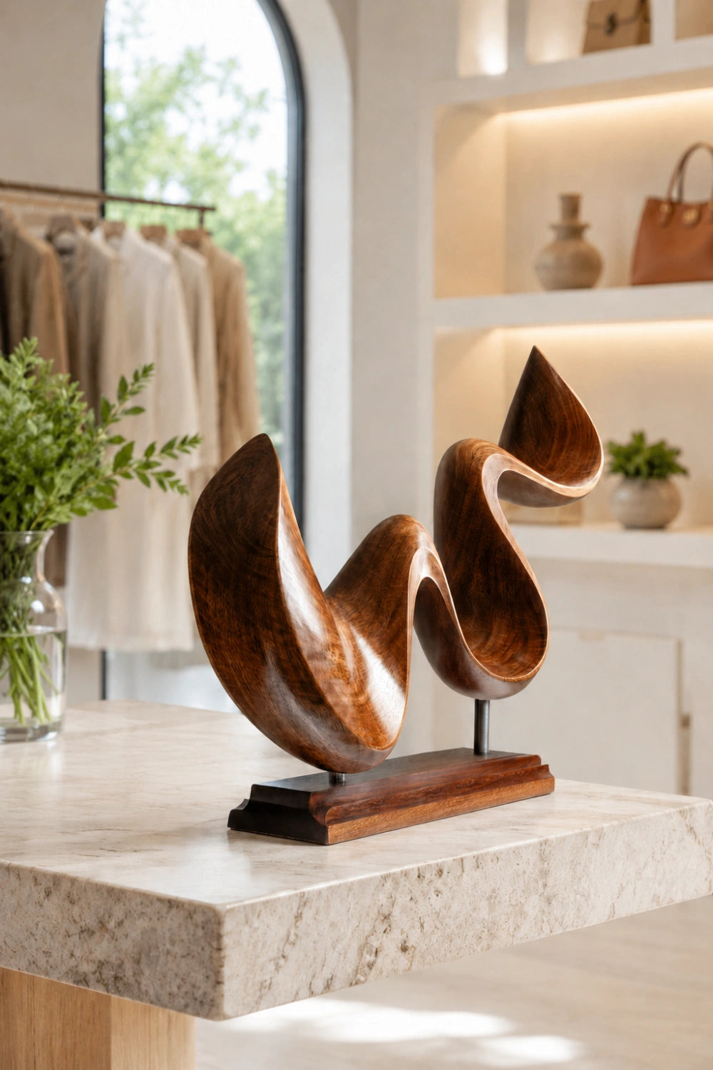 Fluid Ribbon Wood Sculpture | Modernist Tabletop Art Object