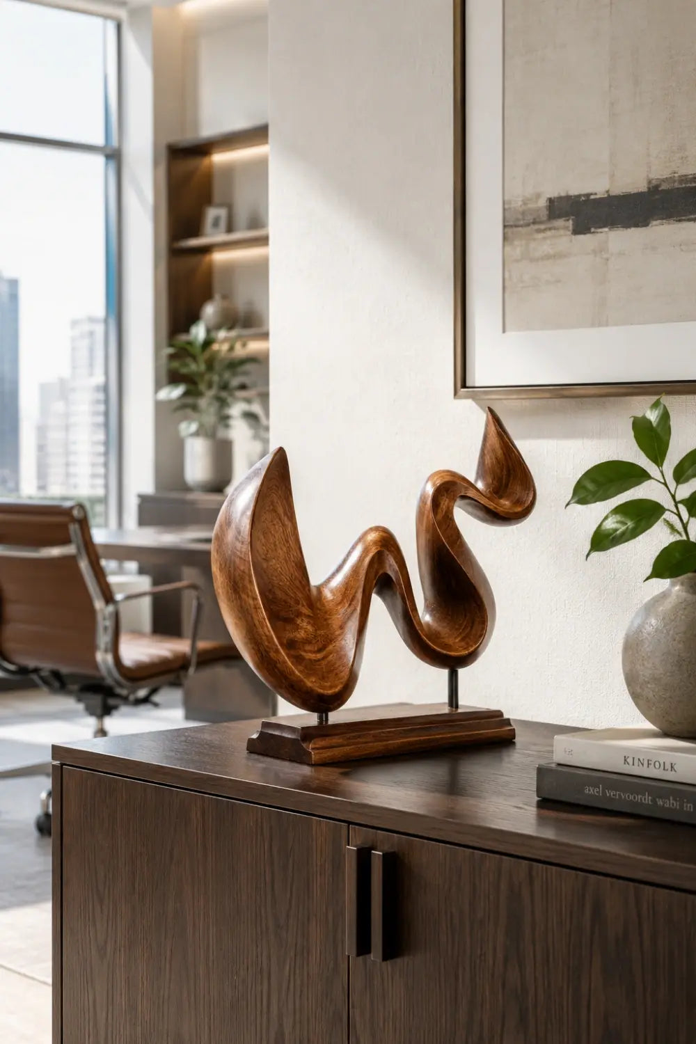 Fluid Ribbon Wood Sculpture | Modernist Tabletop Art Object
