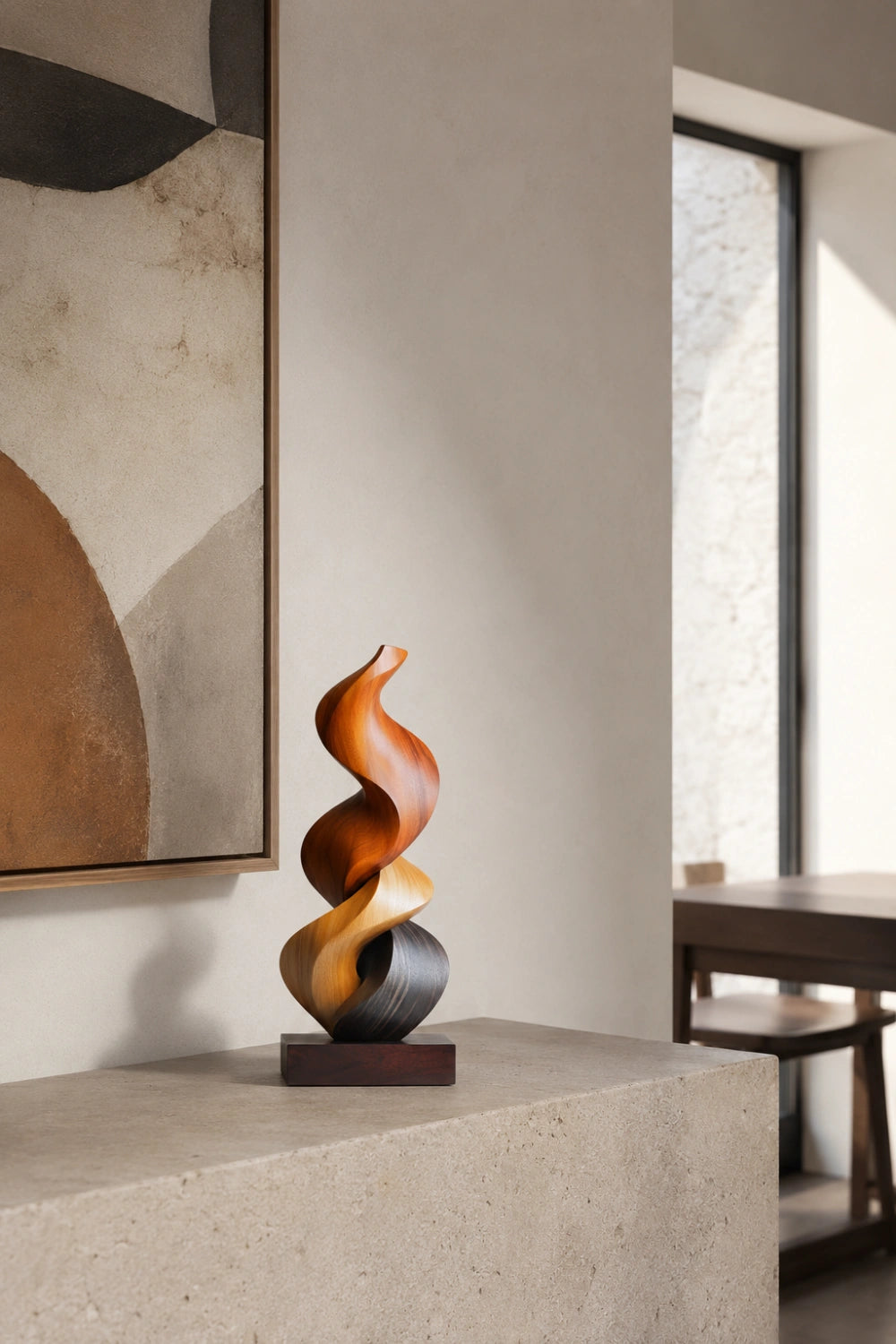 Abstract Spiral Wood Sculpture | Multi-Tone Twisting Flame Decor | Luxury Art Piece