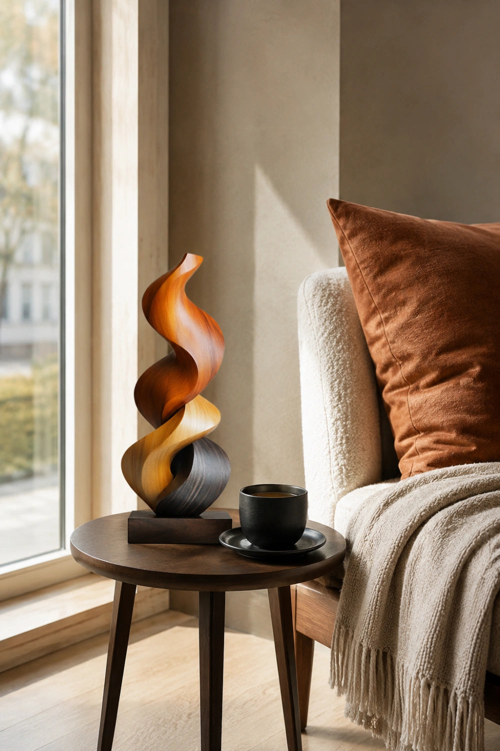 Abstract Spiral Wood Sculpture | Multi-Tone Twisting Flame Decor | Luxury Art Piece