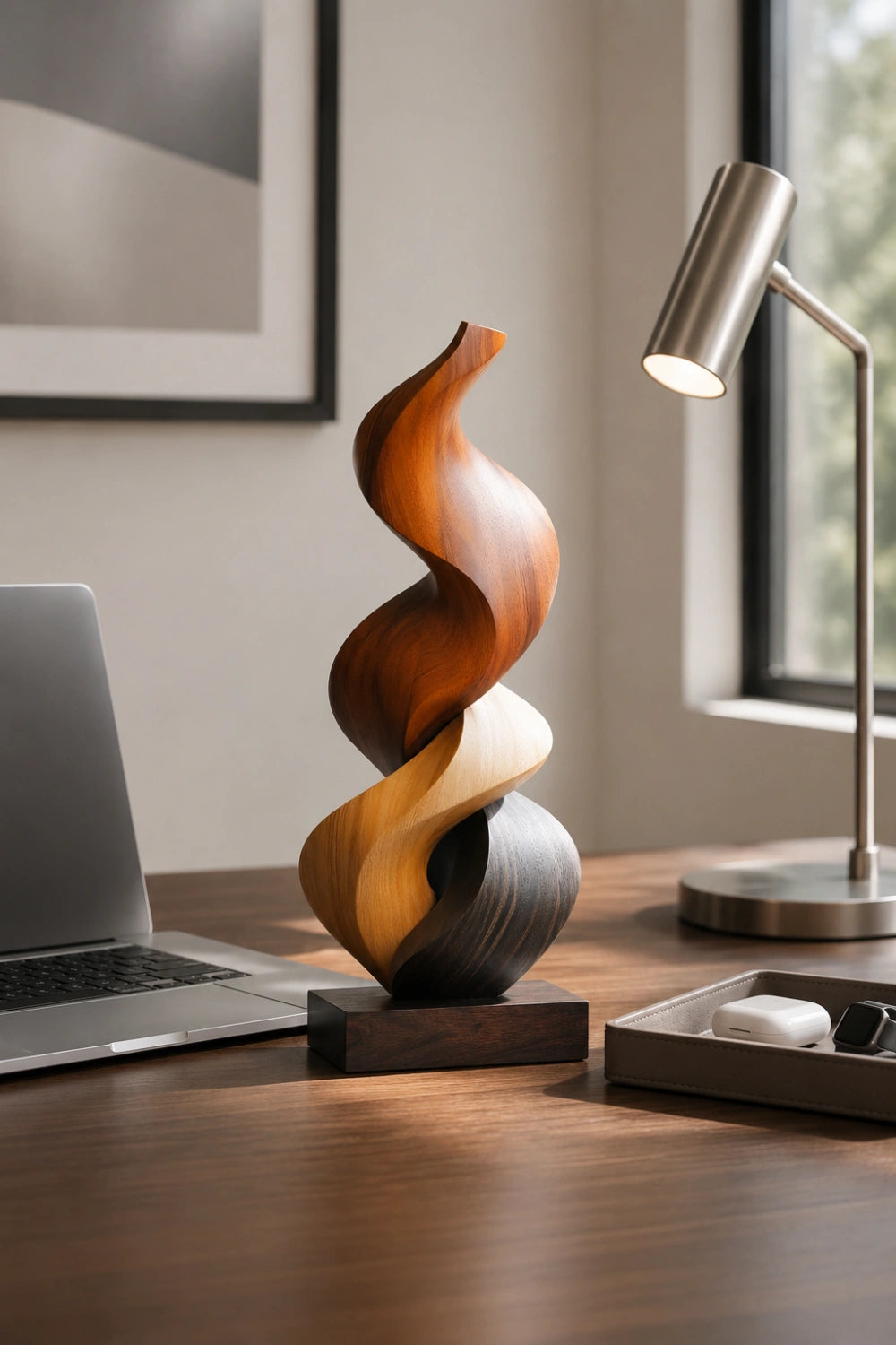 Abstract Spiral Wood Sculpture | Multi-Tone Twisting Flame Decor | Luxury Art Piece