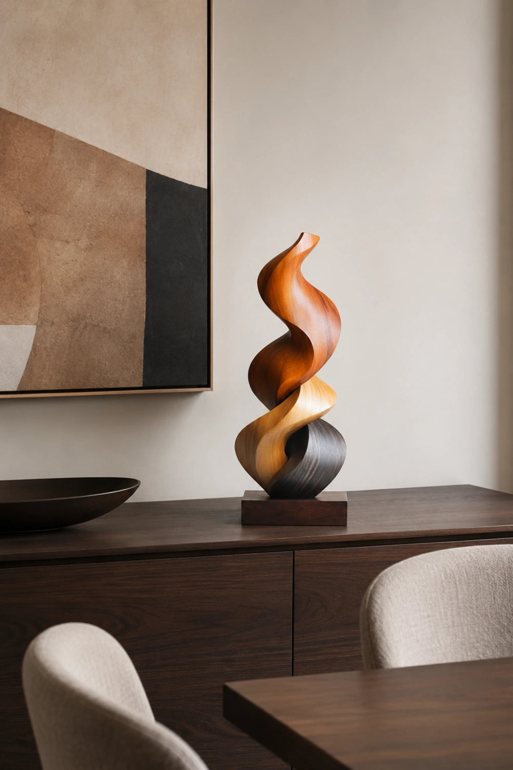 Abstract Spiral Wood Sculpture | Multi-Tone Twisting Flame Decor | Luxury Art Piece
