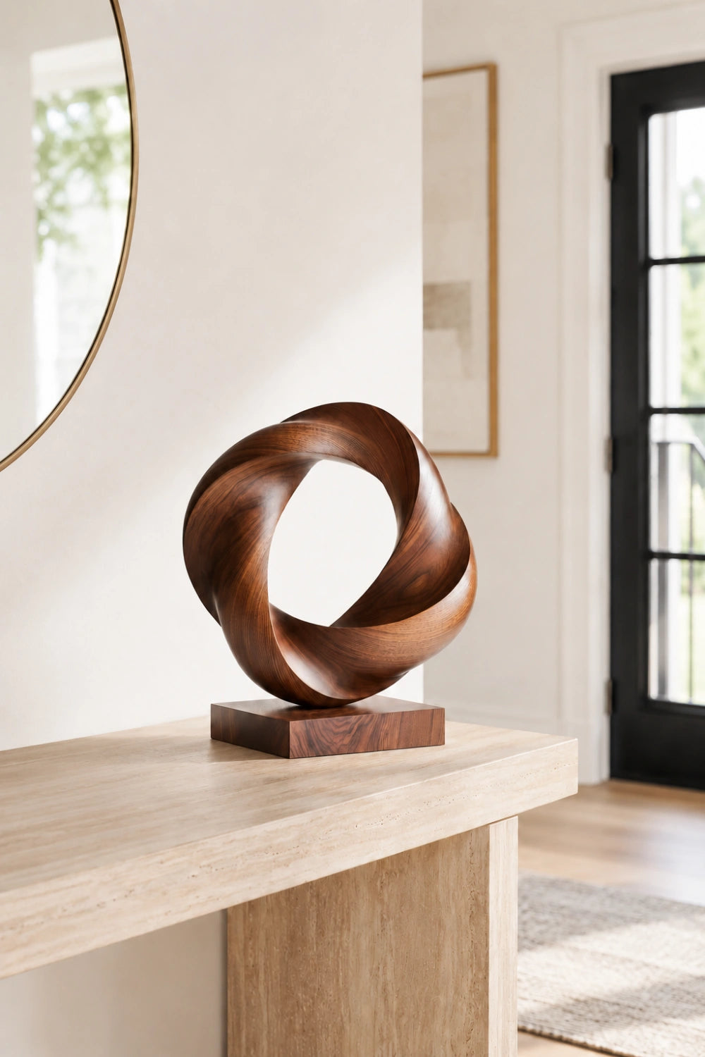 Twisted Torus Wood Sculpture | Contemporary Vortex Ring Decor | Sophisticated Gift