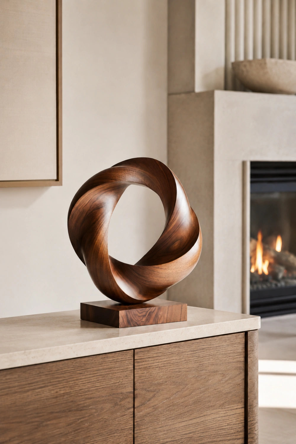 Twisted Torus Wood Sculpture | Contemporary Vortex Ring Decor | Sophisticated Gift