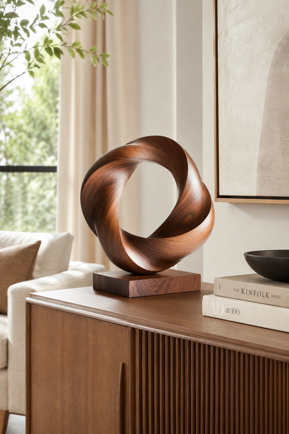 Twisted Torus Wood Sculpture | Contemporary Vortex Ring Decor | Sophisticated Gift