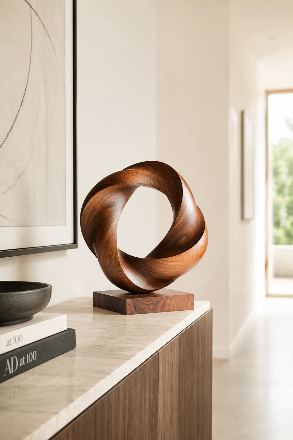 Twisted Torus Wood Sculpture | Contemporary Vortex Ring Decor | Sophisticated Gift
