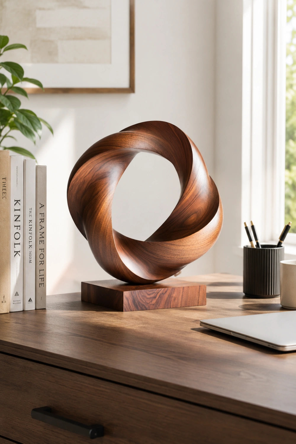 Twisted Torus Wood Sculpture | Contemporary Vortex Ring Decor | Sophisticated Gift