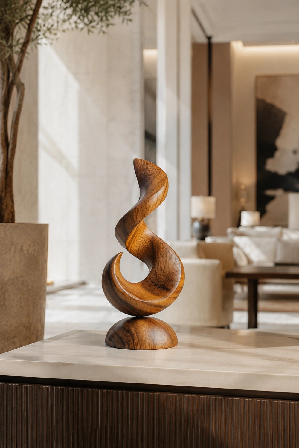 Abstract Flame Wood Sculpture | Contemporary Wave Art Decor