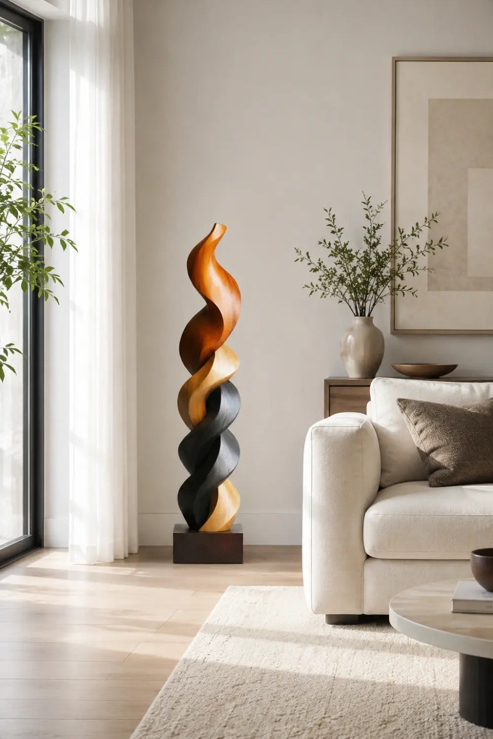 Large Multi-Wood Spiral Sculpture | Tri-Tone Totem Corner Decor | Luxury Statement Art Piece