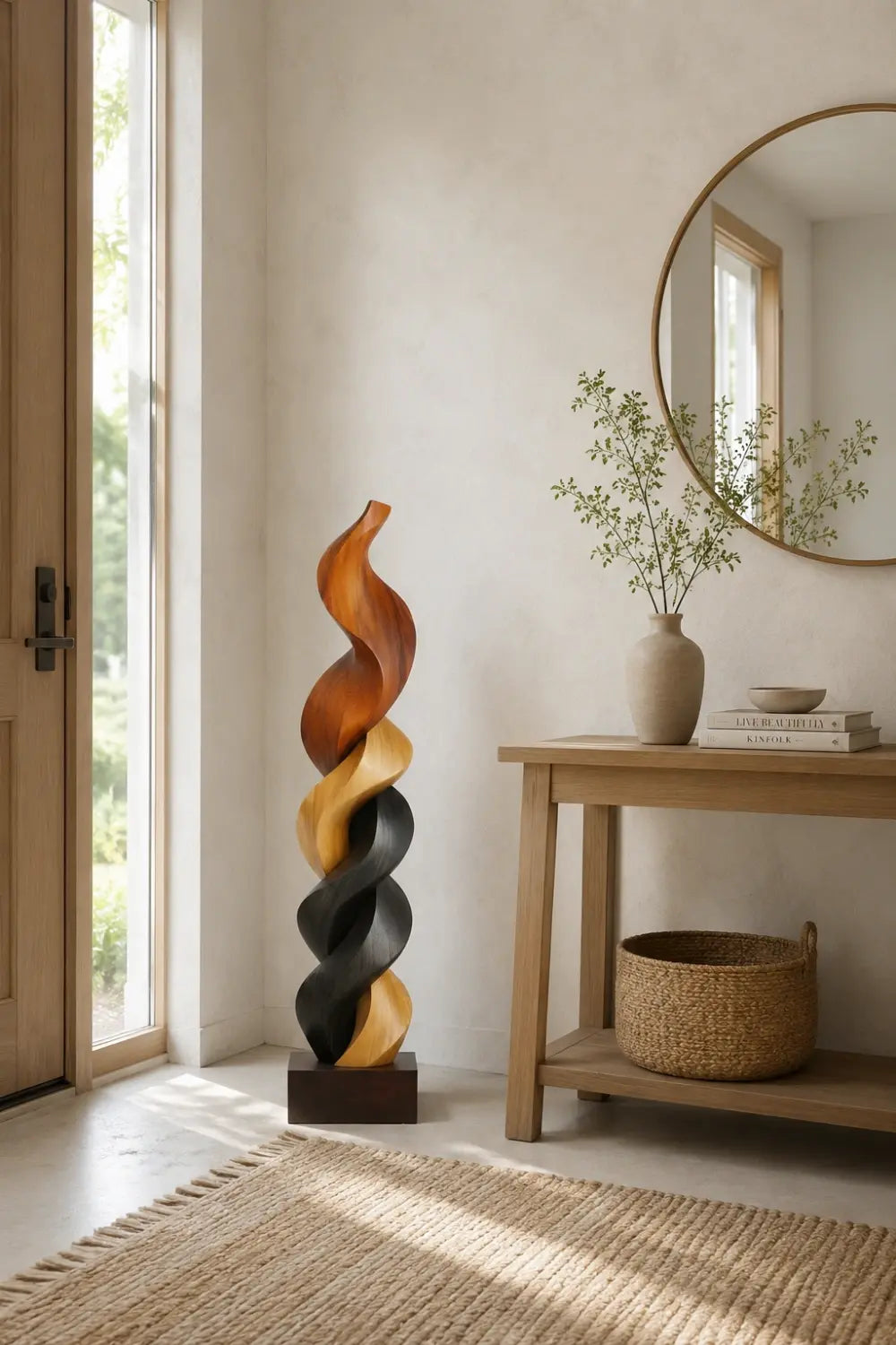 Large Multi-Wood Spiral Sculpture | Tri-Tone Totem Corner Decor | Luxury Statement Art Piece