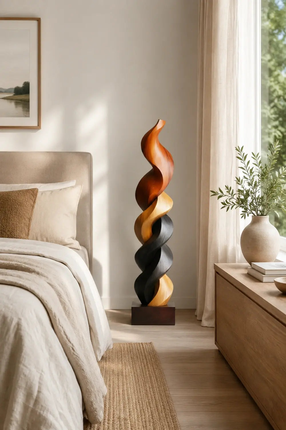 Large Multi-Wood Spiral Sculpture | Tri-Tone Totem Corner Decor | Luxury Statement Art Piece