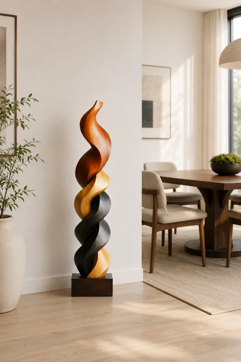 Large Multi-Wood Spiral Sculpture | Tri-Tone Totem Corner Decor | Luxury Statement Art Piece