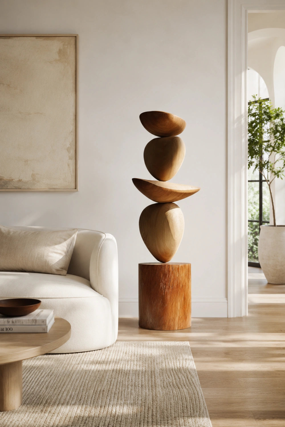 Large Balanced Wood Cairn Sculpture | Zen Stacked Stone Decor | Minimalist Totem Art