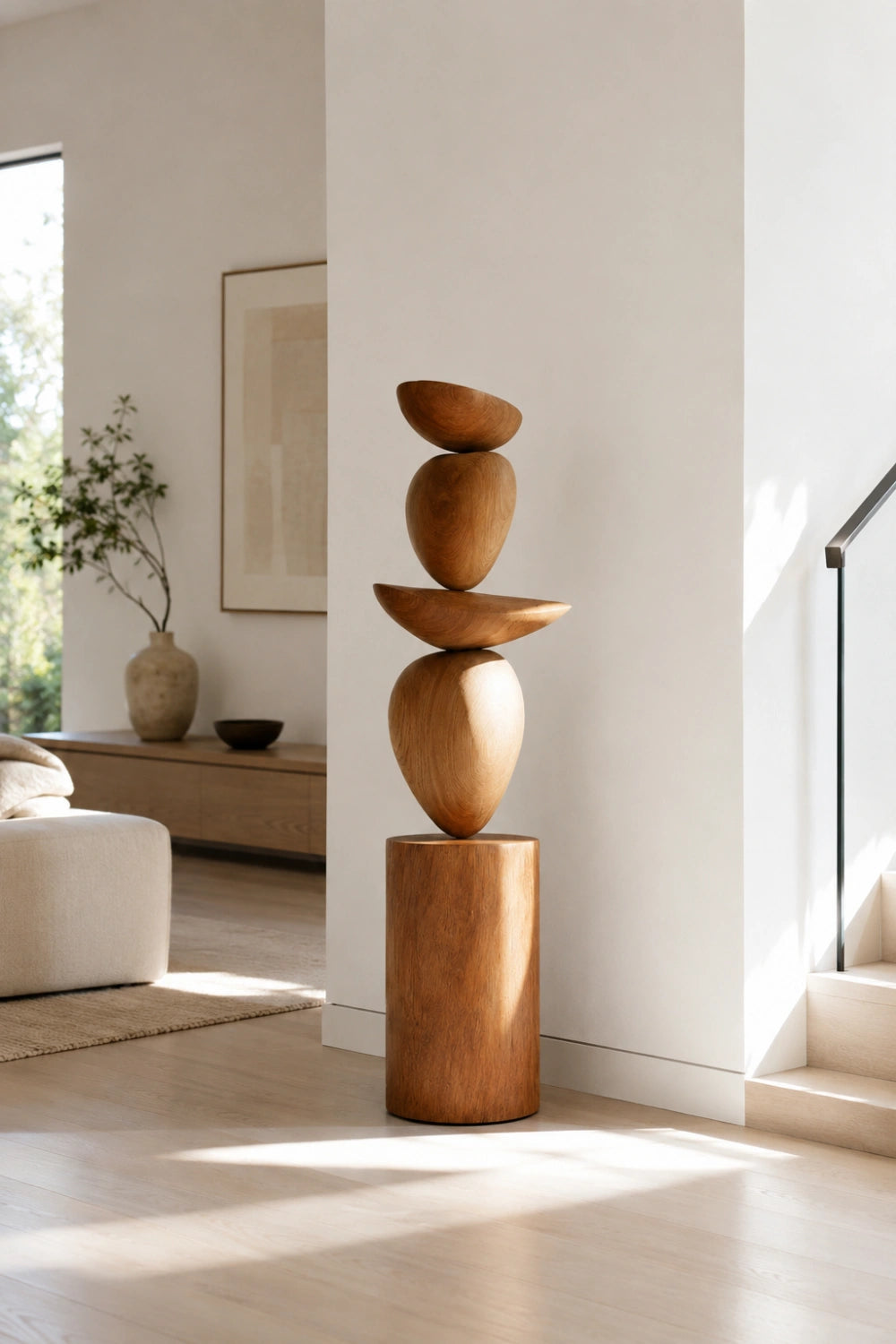 Large Balanced Wood Cairn Sculpture | Zen Stacked Stone Decor | Minimalist Totem Art